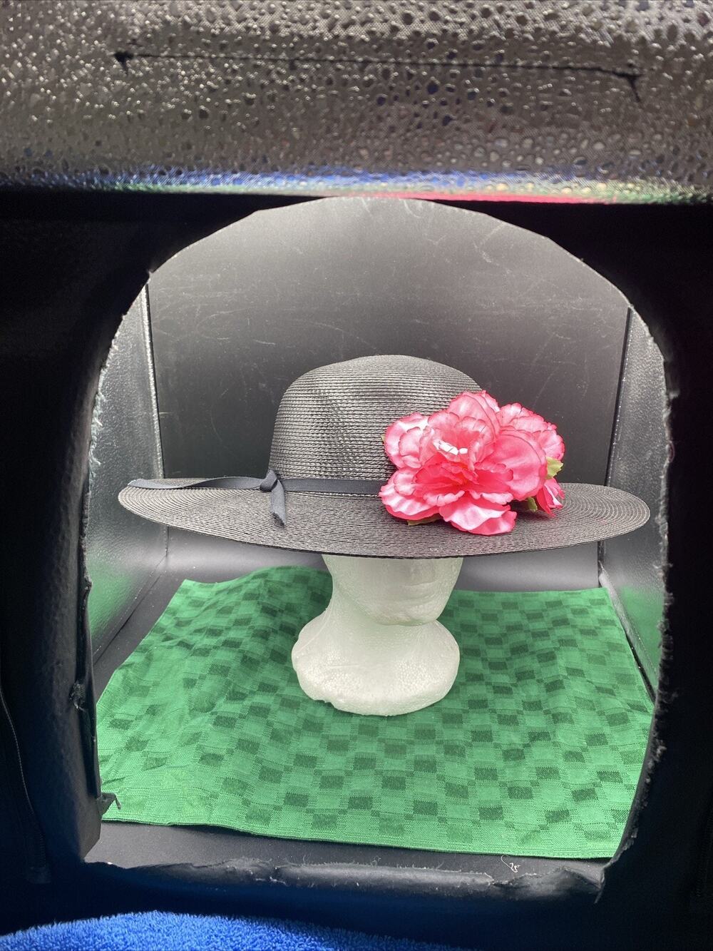 Ladies Black Wide Brimmed Straw Braid Sun Floopy Panama Beach Hat W/Silk Flowers